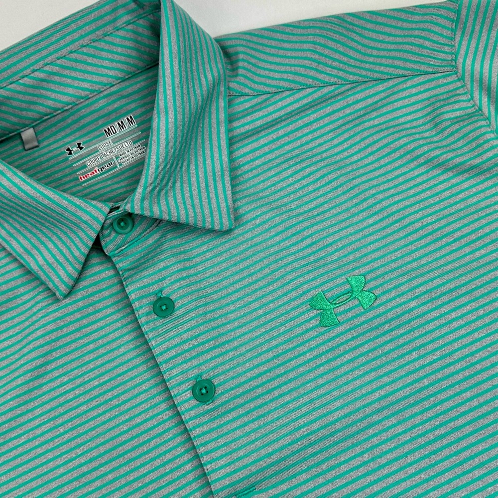 Under Armour Golf Polo Size Medium Shirt Green Gray Striped Heatgear Loose Logo